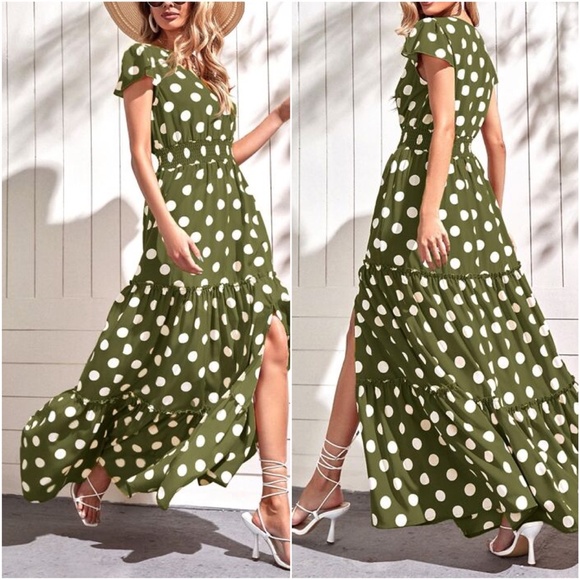 Boho Mustard Yellow Polka Dot V neck Ruffle Maxi Dress - Picture 7 of 10